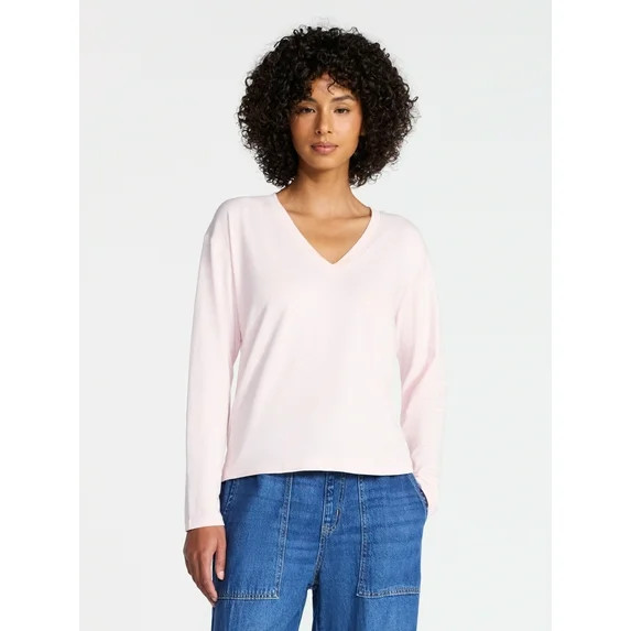 Time and Tru Women's Boxy Slub V-Neck Tee with Long Sleeves, Sizes XS-XXXL | Walmart (US)