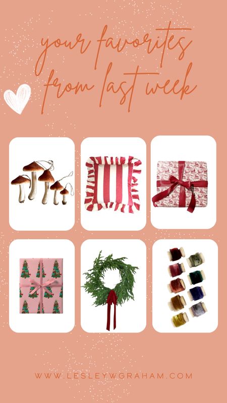Top Sellers Last Week. Mushroom Christmas ornaments. Velvet ribbon. Beautiful wrapping paper. Handmade Christmas wreath. 

#LTKhome #LTKSeasonal #LTKHoliday