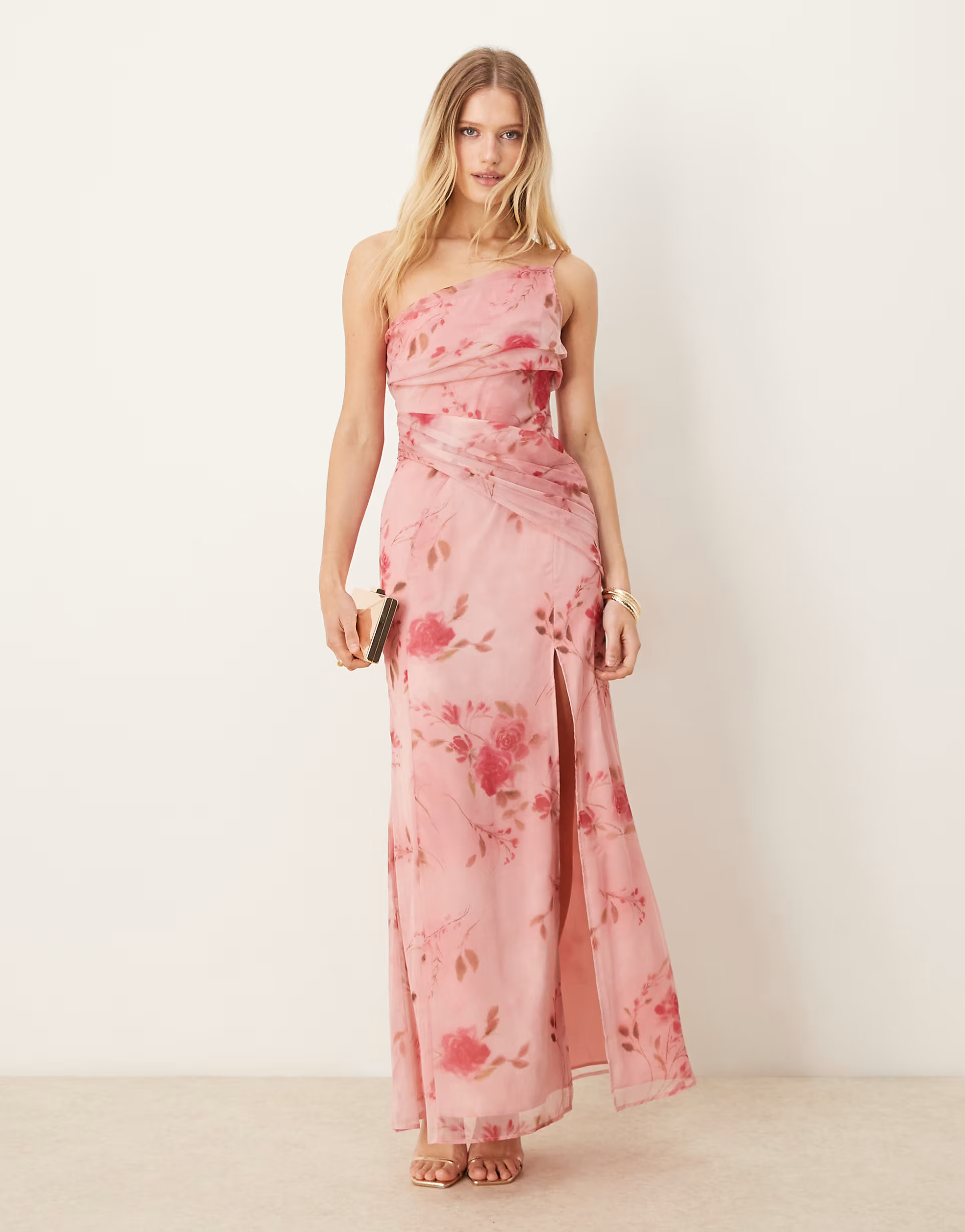 ASOS DESIGN one shoulder draped maxi dress in pink floral print | ASOS (Global)