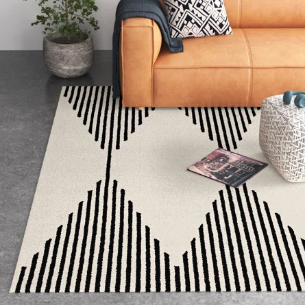 Kaden Handmade Contemporary Diamond Pinstripe Wool Ivory/Black Rug | Wayfair North America