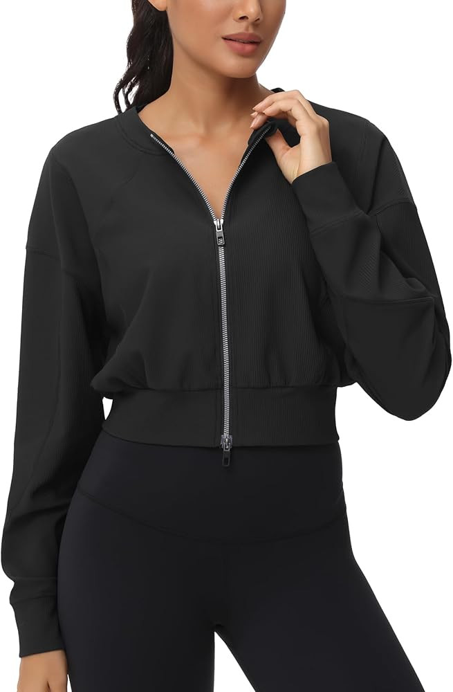 THE GYM PEOPLE Women's Cropped Jackets Full Zip Long Sleeve Ribbed Workout Sweatshirts Lightweigh... | Amazon (US)