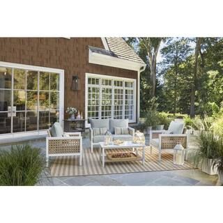 Ashbury Hill 4-Piece Aluminum Wicker Outdoor Conversation Set with Slat Top Coffee Table and Aqua... | The Home Depot