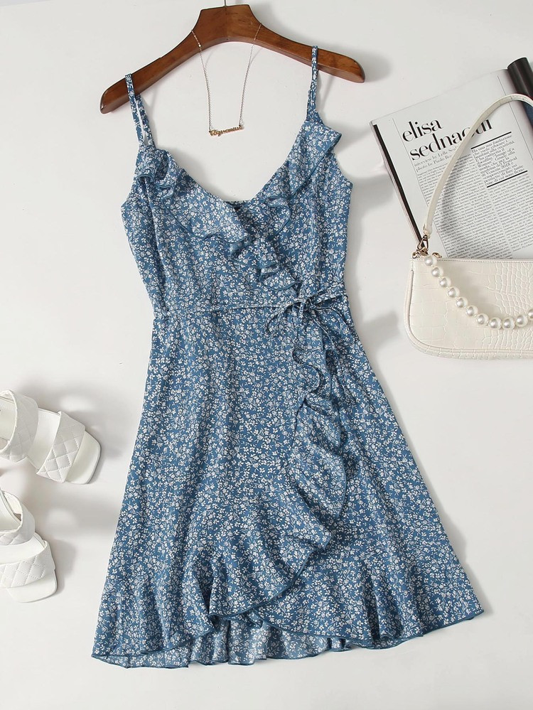 SHEIN X Stagecoach Ruffle Trim Wrap Tie Side Ditsy Floral Slip Dress | SHEIN