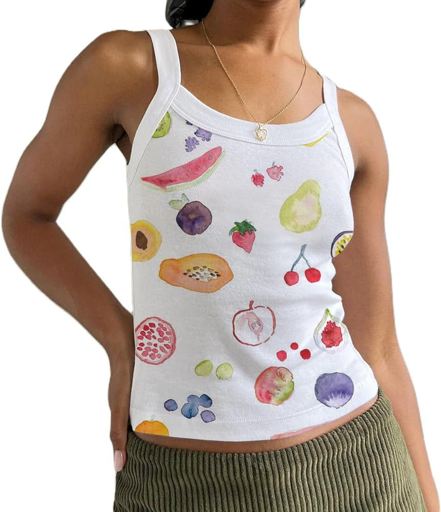 SOLILOQUY Women y2k Fruit Print Tank Top Summer Sleeveless Baby Tee Cute Slim Fit T Shirt Basic V... | Amazon (US)