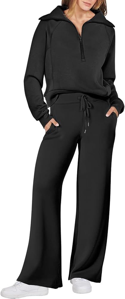 ANRABESS Women 2 Piece Outfits Sweatsuit Set 2023 Fall Oversized Half Zip Sweatshirt Wide Leg Swe... | Amazon (US)