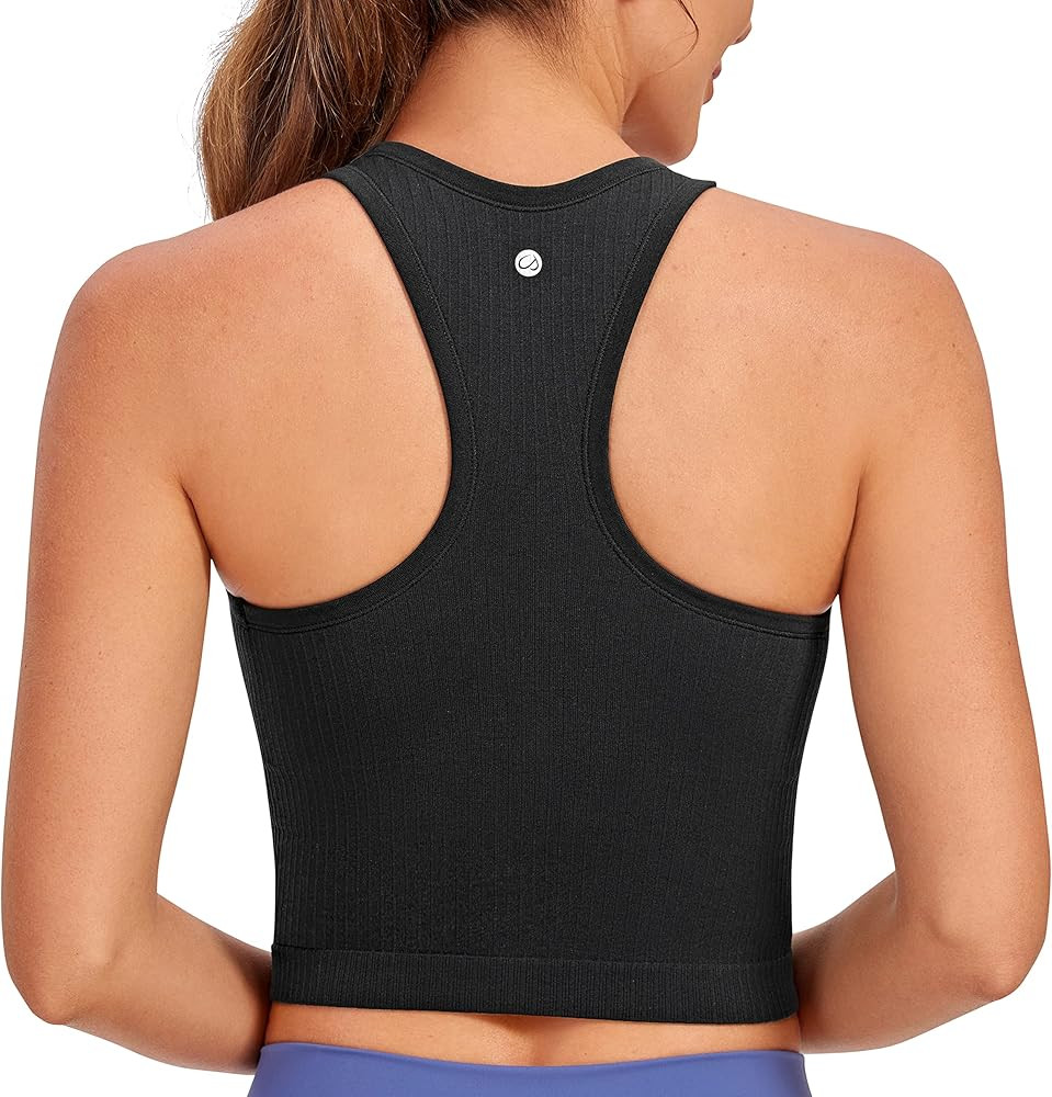 CRZ YOGA Womens Seamless Ribbed Longline High Neck Sports Bra - Racerback Padded Slim Fit Crop Ta... | Amazon (US)