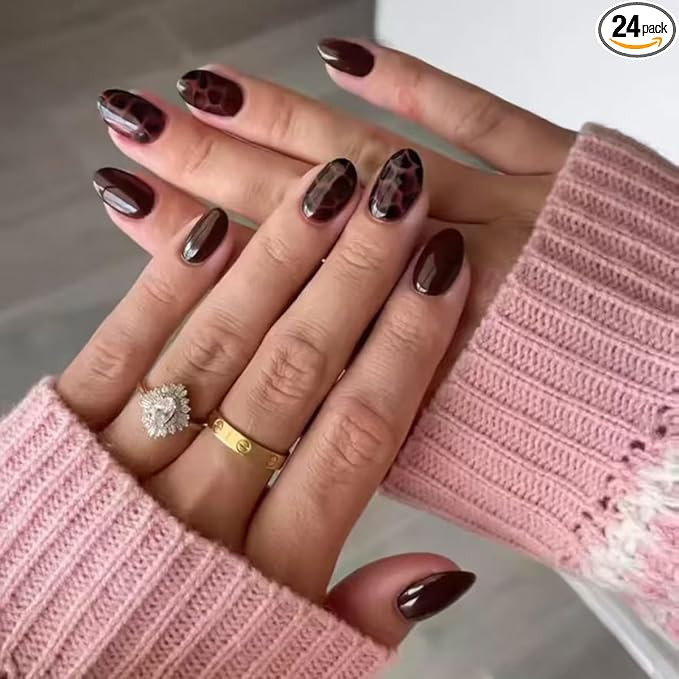 Dark Brown Press on Nails Short Oval Fake Nails Fall Winter Nails Press ons with Tortoise Shell D... | Amazon (US)