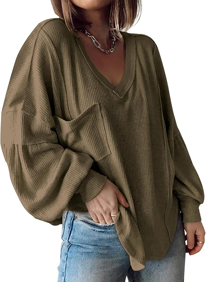 BTFBM Women's Casual V Neck Ribbed Knitted Shirts Pullover Tunic Tops Loose Balloon Sleeve Solid ... | Amazon (US)