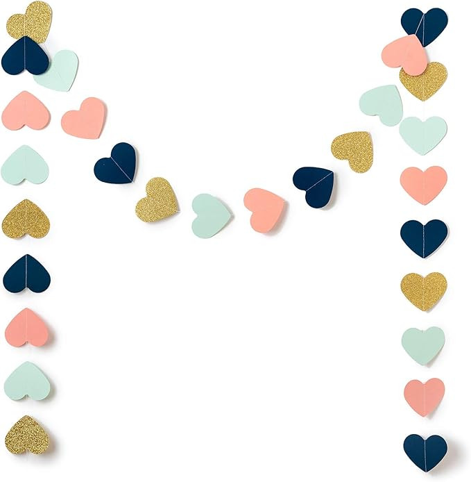 9 Feet Heart Paper Garland Decorations, Heart Hanging Paper Banner Bunting (Navy, Mint, Coral, Go... | Amazon (US)