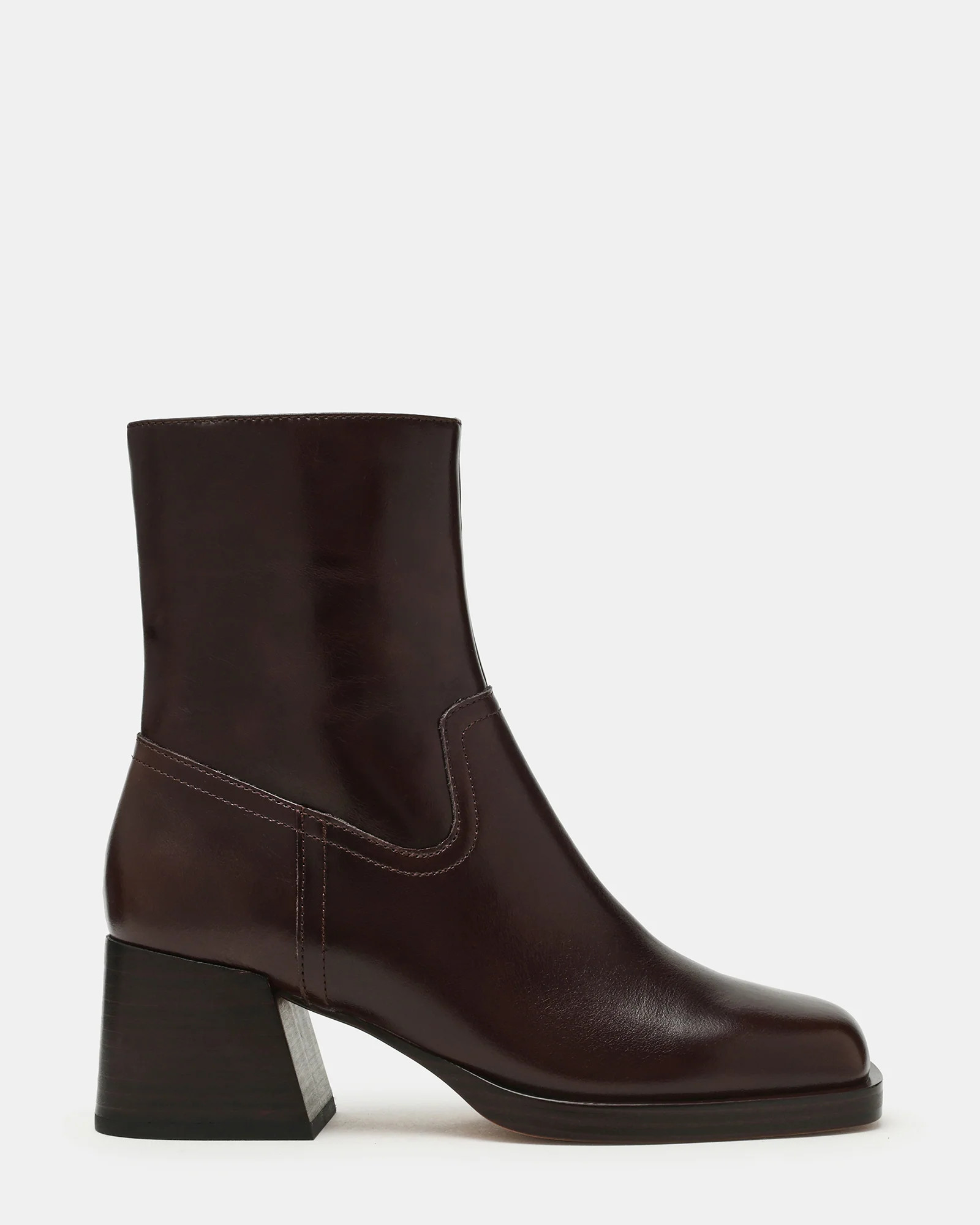 LATCHES Brown Leather Square-Toe Block Heel Ankle Boots | Women's Designer Booties | Steve Madden (Canada)