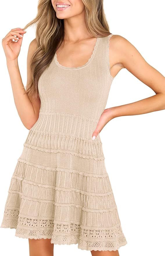 Fisoew Womens Summer Mini Dresses Casual Crewneck Knitted Crochet Hem Flowy Tank Sundress | Amazon (US)