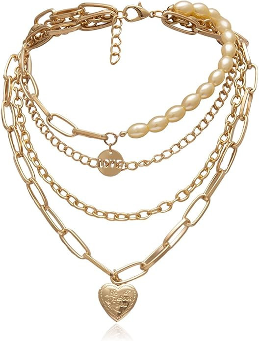 Long Beaded Necklaces for Women, Pave Heart Necklaces for Women Gold Plated Love Letters Retro Pe... | Amazon (US)