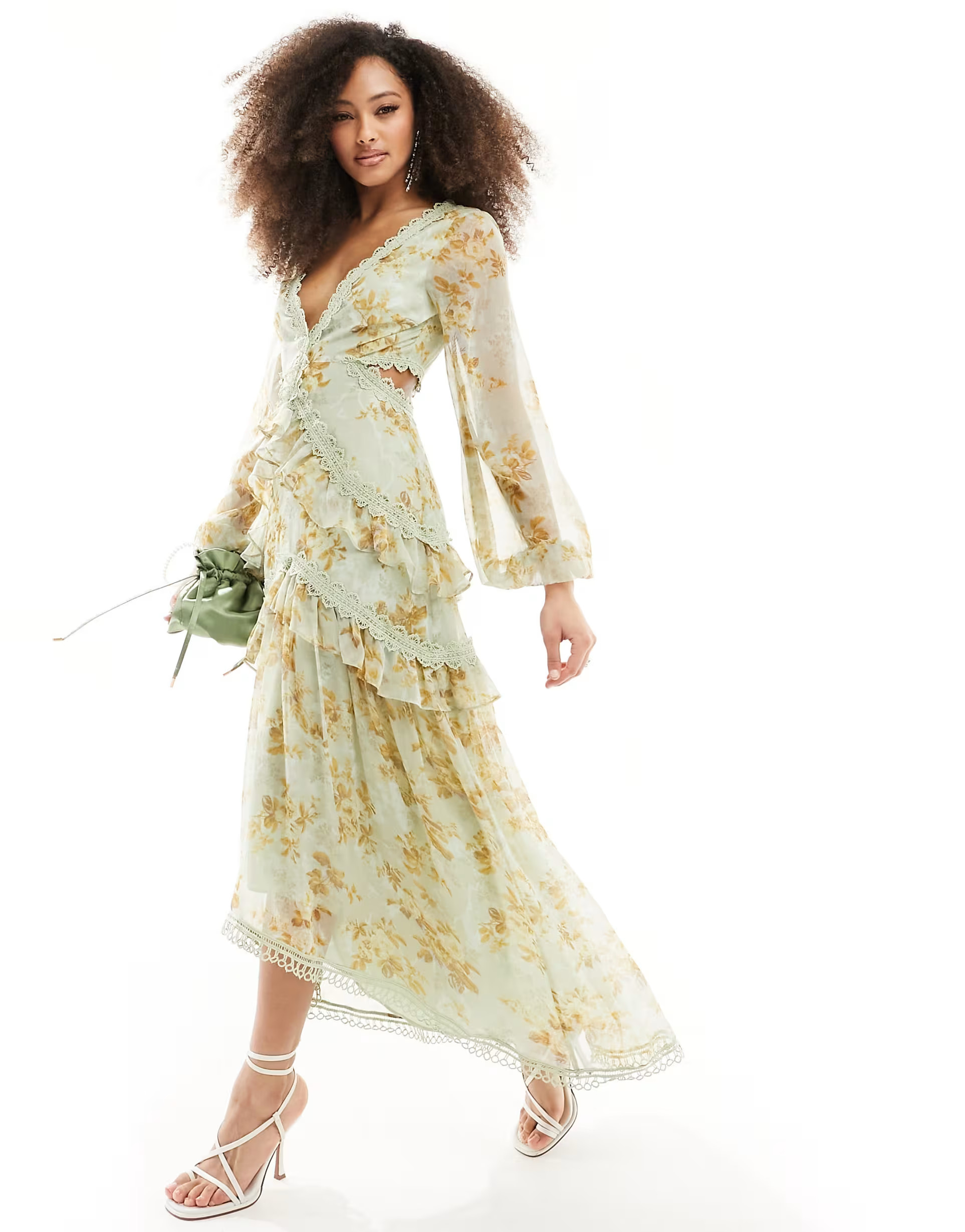 ASOS DESIGN long sleeve cut out midi dress in vintage floral print | ASOS (Global)