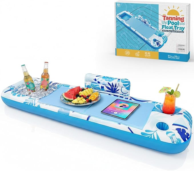 Inflatable Tray for Tanning Pool Float – 61" L x 18" W Extra Large Tray with Non-Slip and Coole... | Amazon (US)