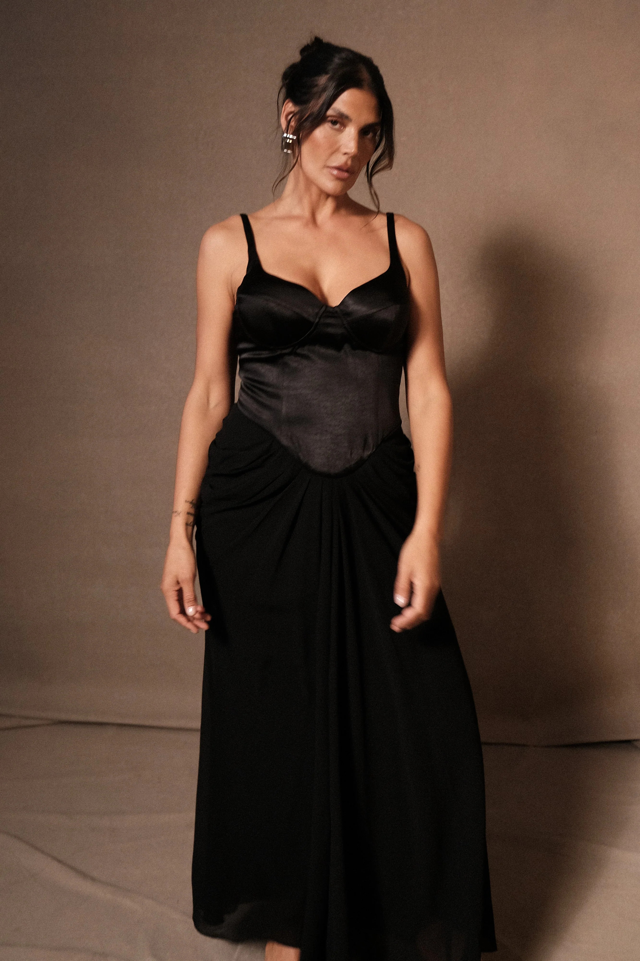 Leila Satin Corset Maxi Dress - Black | MESHKI US