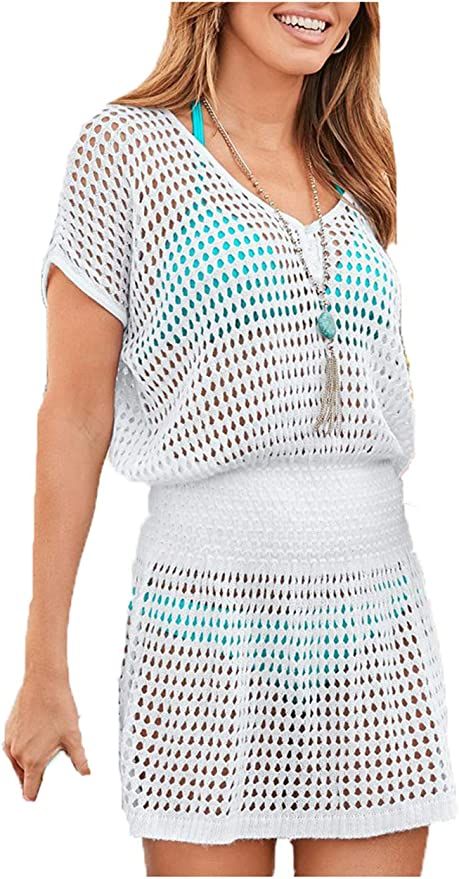 Wander Ago Beach Tops Sexy Knit Cover Dresses Bikini Cover-ups Nets Short Skirt | Amazon (US)