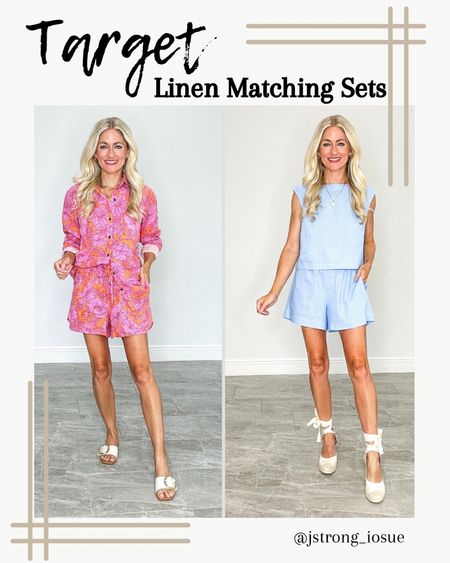Linen matching sets from Target! Pink and orange floral button up is an oversized fit. Shorts have adjustable drawstring. Blue sleeveless top has a button detail in the back, elastic waist band and both shorts have pockets. More colors available! 

#LTKFindsUnder50 #LTKStyleTip