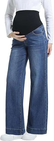 Women's Maternity Jeans Wide Leg Over The Belly Support Stretch Pregnancy Denim Loose Wide Pants ... | Amazon (US)