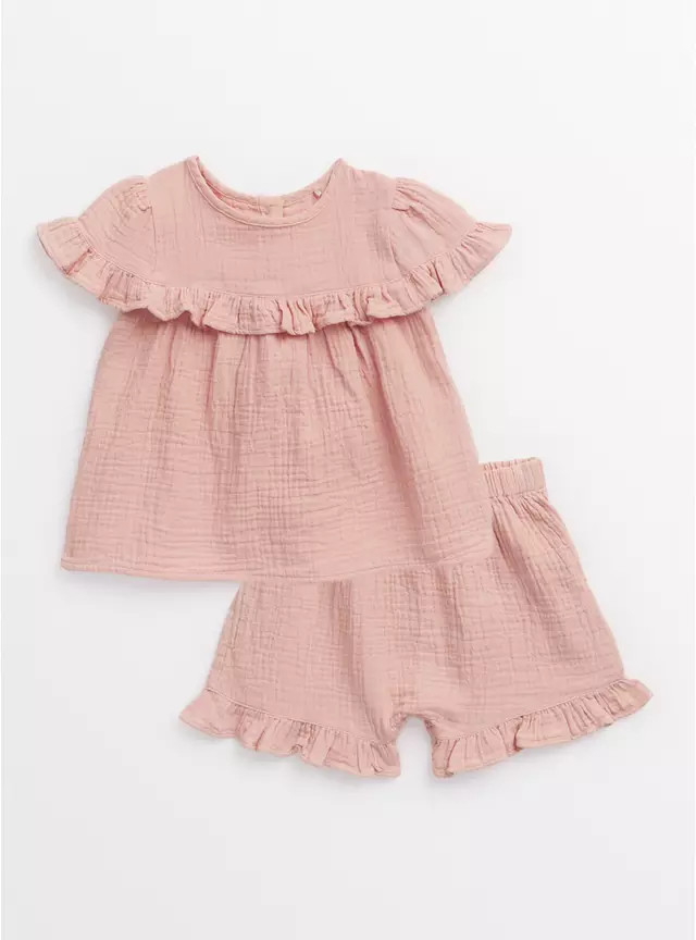 Buy Light Pink Frill Woven Top & Shorts Set 12-18 months | Outfits and sets | Tu | Tu Clothing