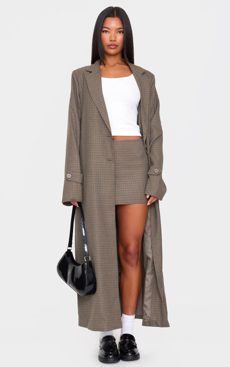 Khaki Check Print Oversized Trench Coat | Co-ords | PrettyLittleThing US