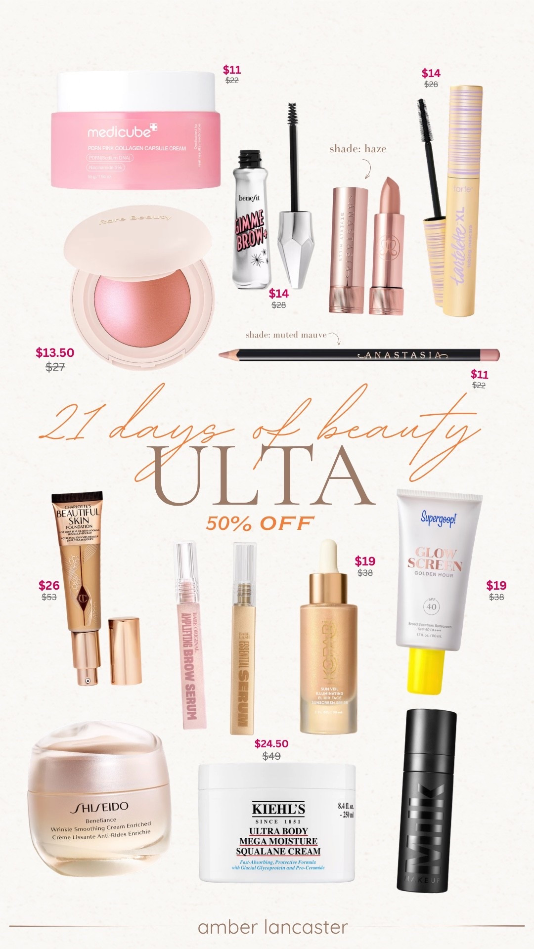 Ulta 21 Days of Beauty Sale! 50% off these beauty steals today |
ulta, ulta beauty, ulta sale, ulta 21 days of beauty sale, sale alert, beauty sale, ulta beauty steals, ulta daily deals, supergoop glow screen, charlotte tilbury, milk makeup, kopari, kiehls moisturizer, shiseido, babe lash serum, babe lash, babe eyebrow serum, rare beauty, tarte mascara, tarte tubing mascara, medicube, brow tint, benefit brow, anastasia beauty, anastasia lip liner, lip liner, lip stick, anastasia lipstick.

#LTKSaleAlert #LTKBeauty #LTKSeasonal