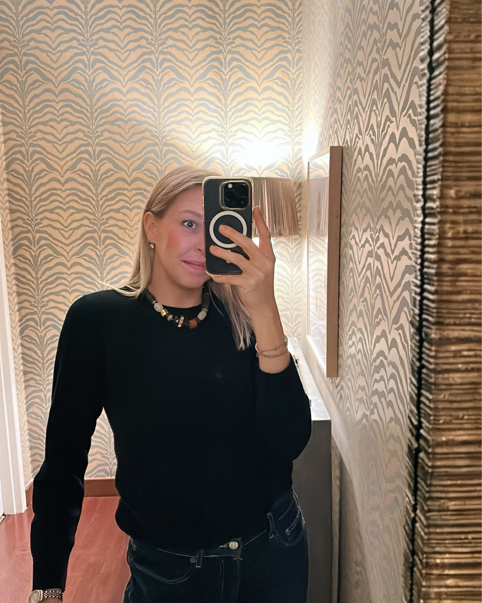 Quince $50 cashmere and Lizzie Fortunato necklace 