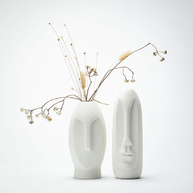 Face Vase Set 2, White Modern Vase, Ceramic Statue Human Face Vase Decor, Sculpture Decor, Fire P... | Amazon (US)