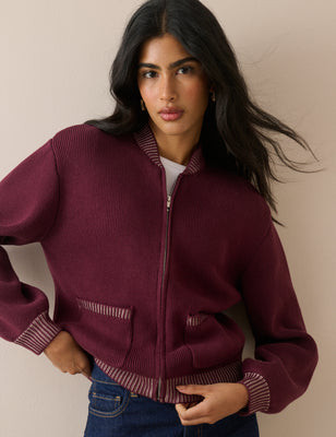 Burgundy Knitted Bomber Jacket | Nobody's Child
