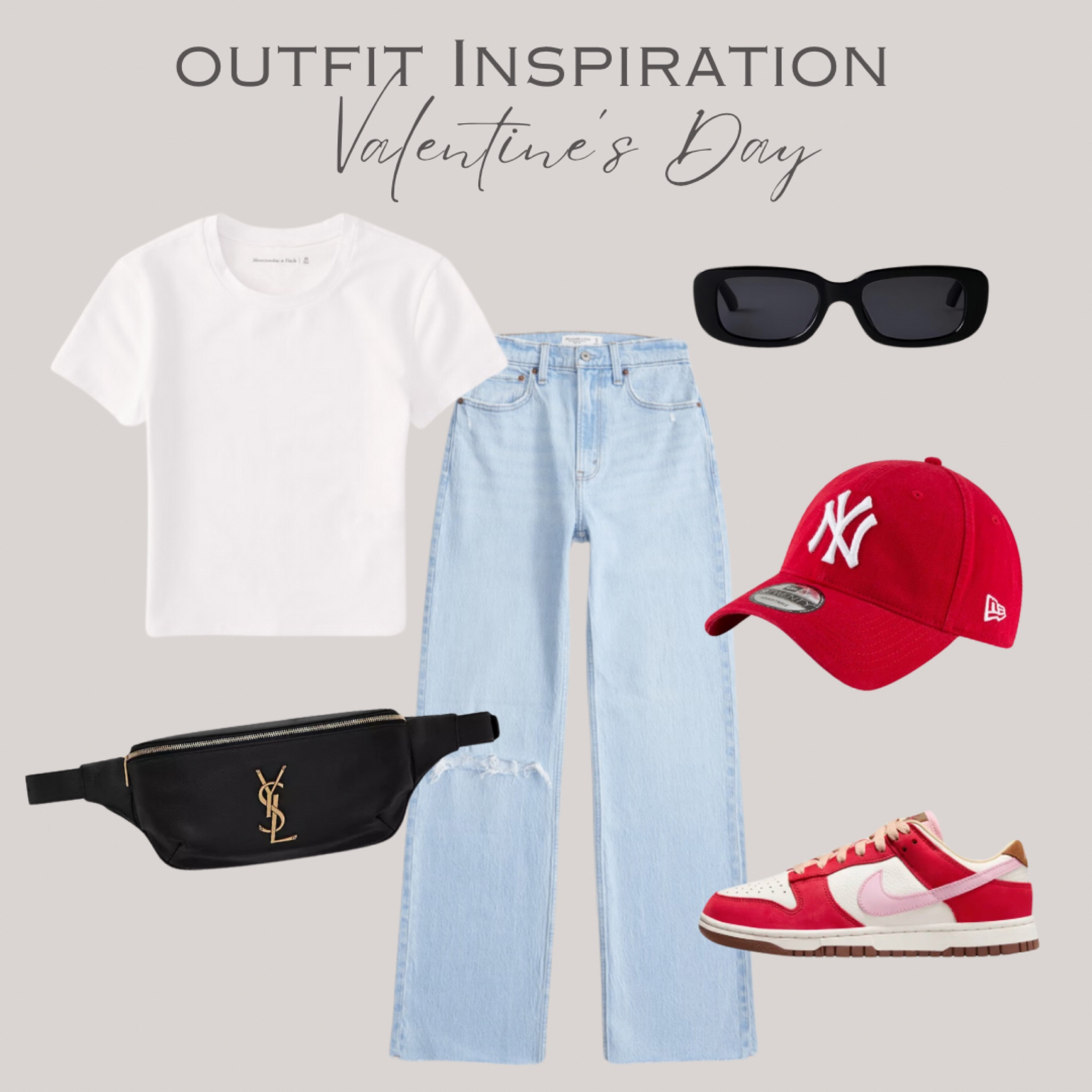 Outfit Inspiration - Valentine’s Day! 

Jeans, 90s relaxed jeans, baby tee, white tee, sunglasses, baseball cap, red hat, Nike sneakers, Nike dunk low, belt bag 

#LTKstyletip