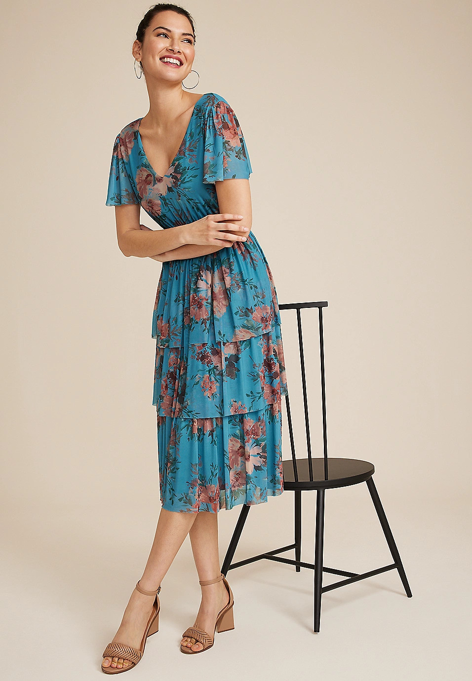 Floral Flutter Sleeve Tiered Midi Dress | Maurices