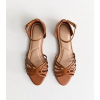 Women's Tan Faux Leather Cut Out Strap Flat Sandals Vegan New Look | New Look (UK)