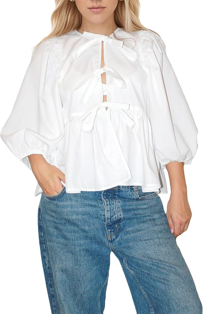 Women Tie Front Blouse Cute Puff Short Sleeve Peplum Shirts Bow Lace Up Ruffle Babydoll Blouses G... | Amazon (US)