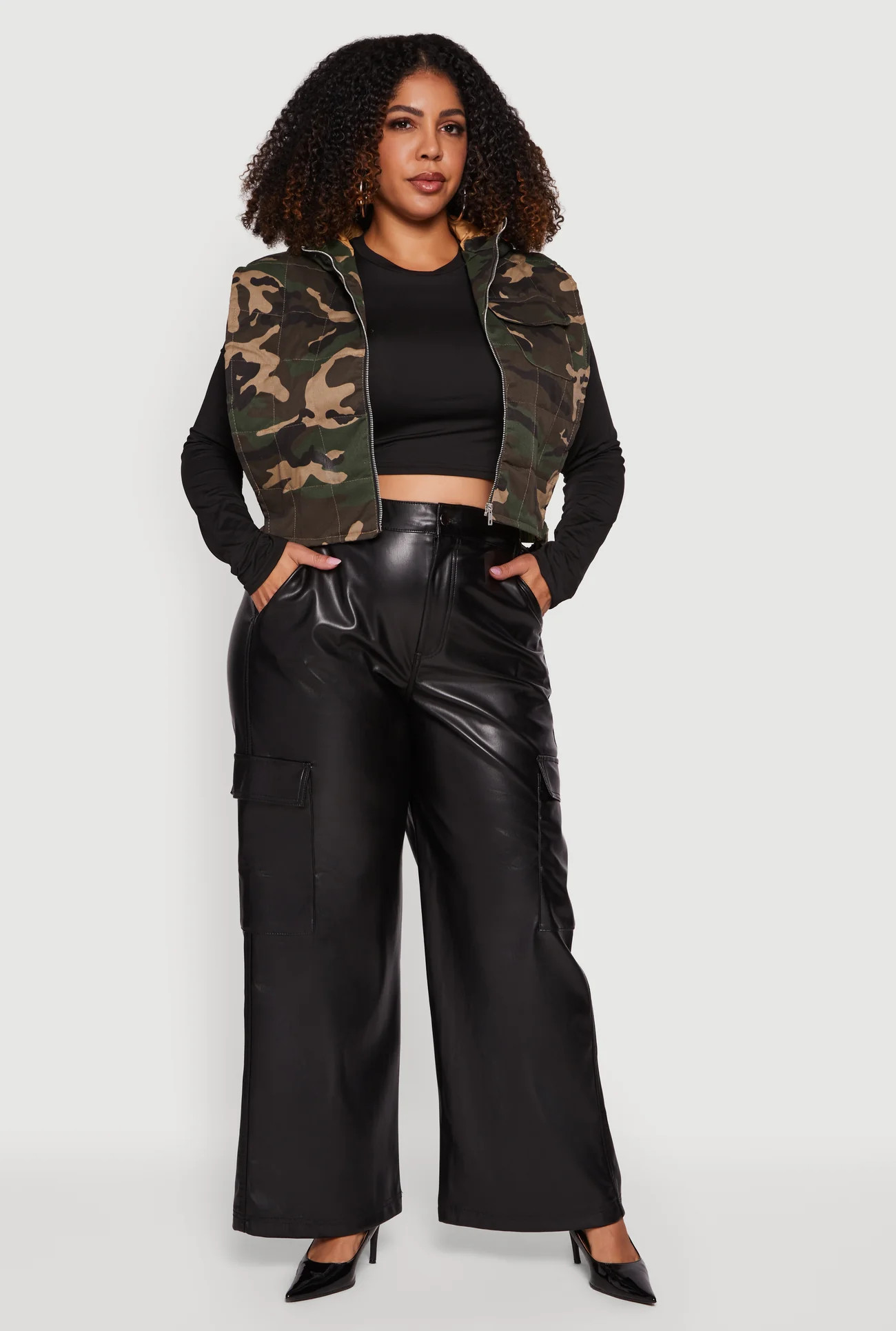 Plus Size Hooded Zip Front Cropped Camouflage Vest | Rainbow Shops