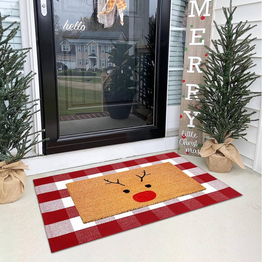 Christmas Door Mat Combo Set, 100% Coco Coir Welcome Mat + 28 x 43 Inches Red and White Plaid Rug... | Amazon (US)
