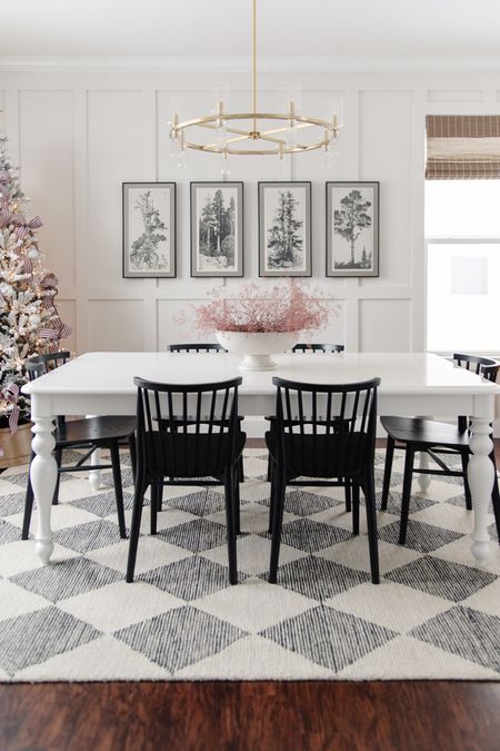 Christmas dining room, loloi francis rug, checkered area rug, diamond pattern rug, white farmhouse dining table, stoffer home tree tops framed wall art

#LTKhome #LTKfindsunder100 #LTKHoliday