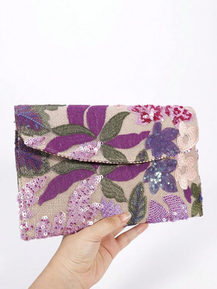 Assorted Sequin Embroidery Patchwork Wallet, Women Colorblock Patchwork Flap Clutch Purse, Embroi... | SHEIN