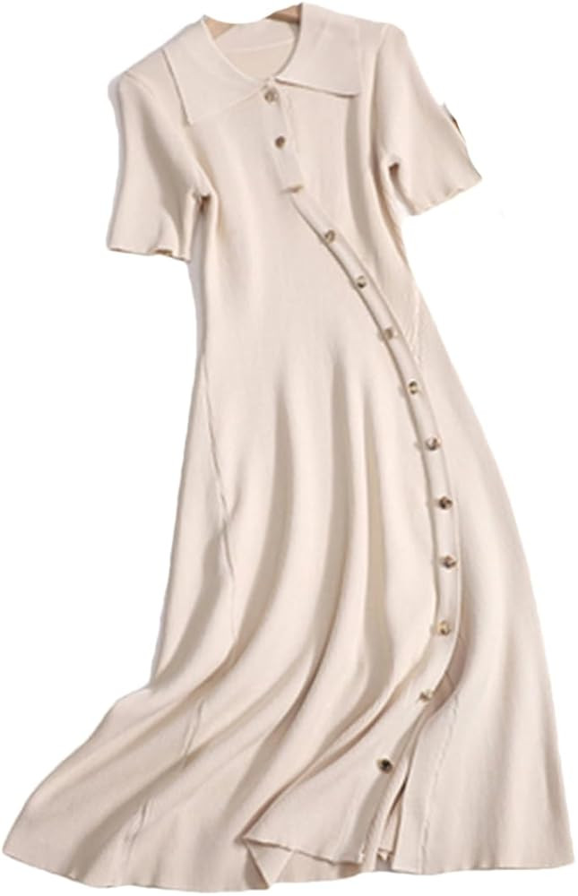 Summer Turn-Down Collar Knitted Dress Women Slim Casual Cardigan Short Sleeve Asymmetrical Long D... | Amazon (US)