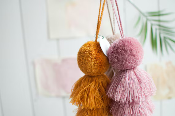 Pompom Tassel- Door Knob Decor- Pom Pom Bag Charm- Pink Pom tassel- Mustard Pom Tassel | Etsy (US)