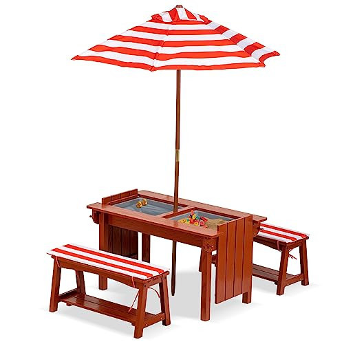 BRINJOY Kids Picnic Table with Umbrella, Outdoor Wooden Table & Bench Set w/Cushions & 2 Removable Boxes, 4-in-1 Children Sand and Water Activity Table w/Storage Cover for Patio, Garden, Backyard | Amazon (US)