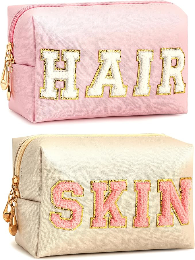 Vorey 2PCS Preppy Makeup Bag for Women Travel Toiletry Bag Chenille Letter Cosmetic Bag PU Leathe... | Amazon (US)