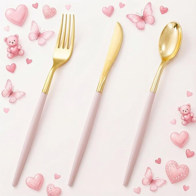 I00000 60 Pack Pink Plastic Silverware,Gold Disposable Flatware with Pink Handle, Gold Plastic Cu... | Amazon (US)