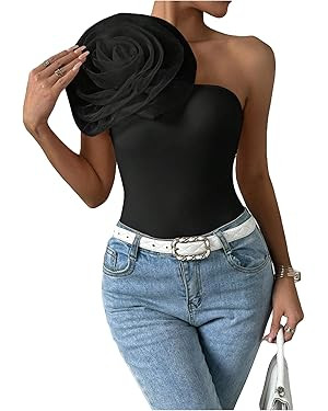 Women's 3D Floral One Shoulder Contrast Mesh Asymmetrical Neck Sleeveless Regular Fit Casual Part... | Amazon (US)