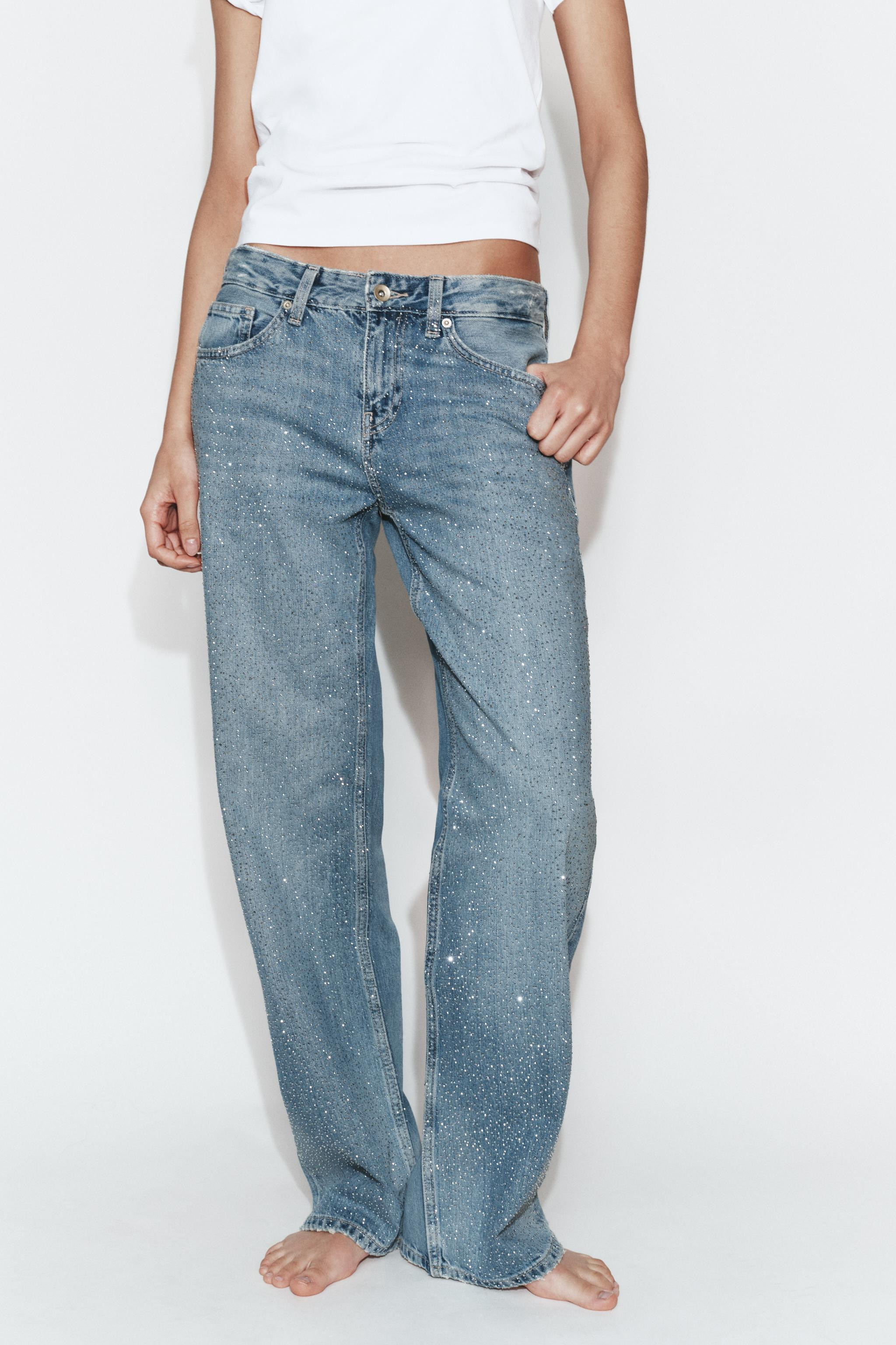 TRF LOW RISE STRAIGHT JEANS WITH RHINESTONES | Zara US