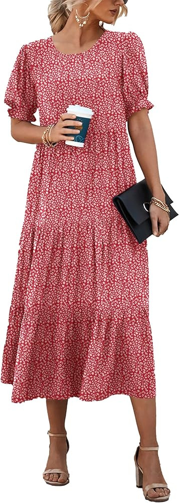 PRETTYGARDEN Women's Summer Casual Boho Dress Floral Print Ruffle Puff Sleeve High Waist Midi Bea... | Amazon (US)