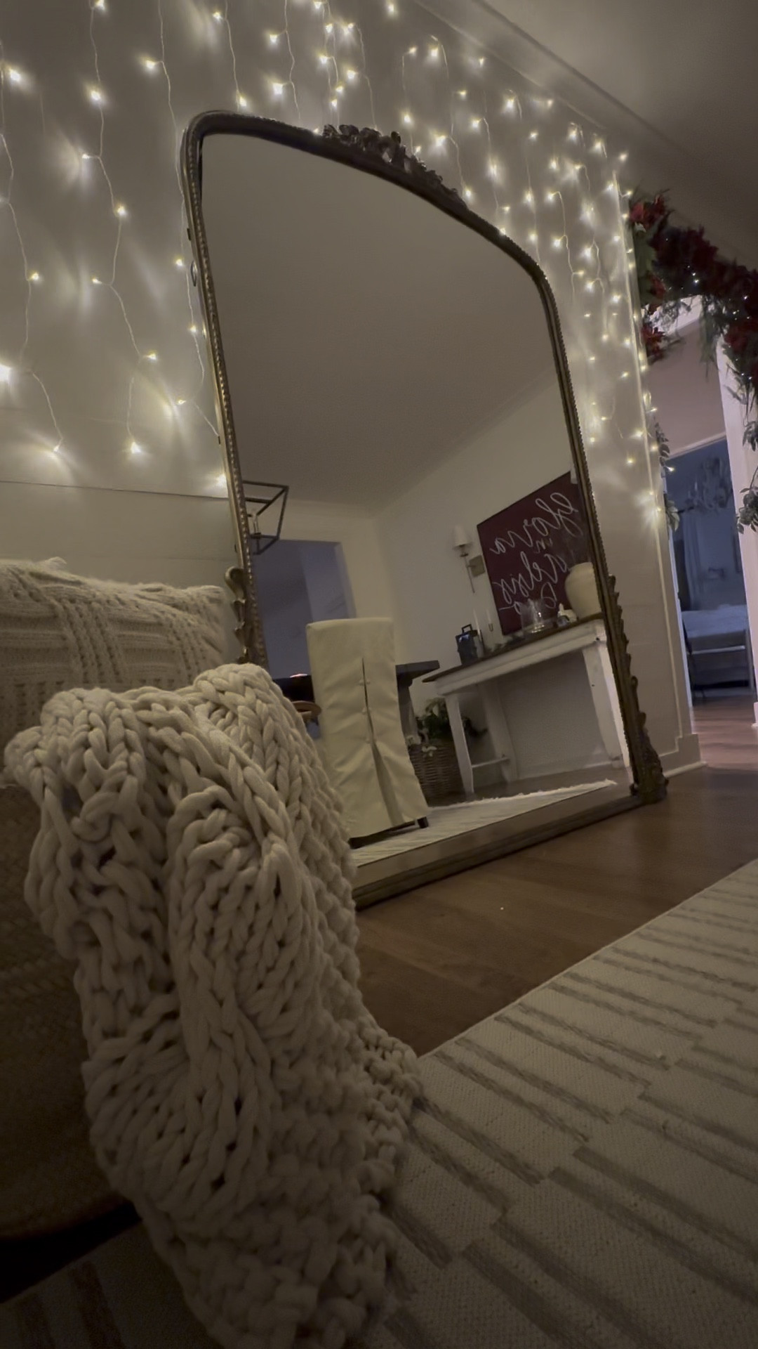 I hung curtain lights behind our new mirror from Anthropologie for a sparkly (and easy DIY) holiday look in our dining room. It’s so fun when you walk in the door to a wall of twinkle lights! Just use command hooks to hang them with! 

#LTKhome #LTKHoliday #LTKVideo