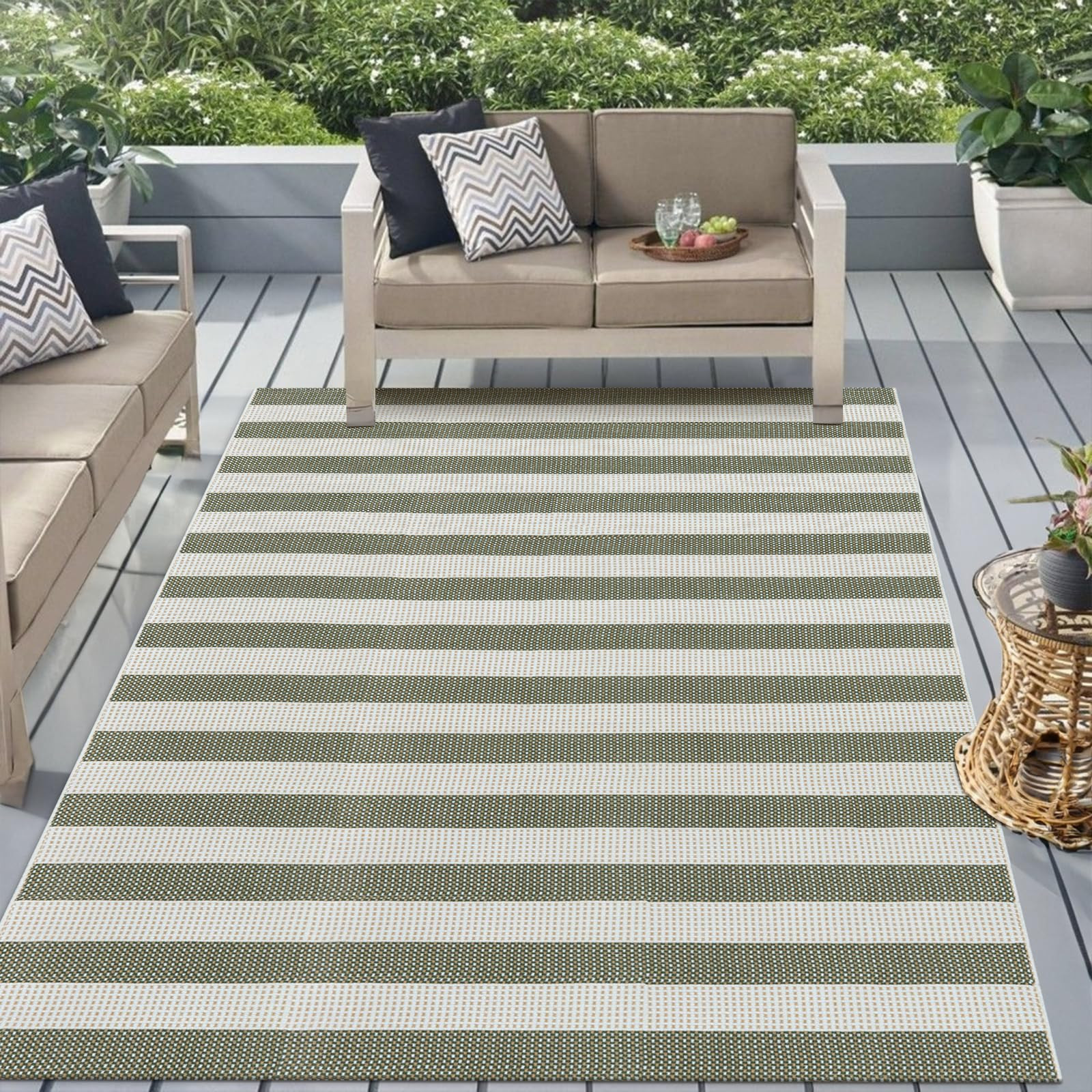 Green and White Striped Outdoor Rug 5x7, Washable Cotton Woven Patio Rug, Reversible Foldable Fro... | Amazon (US)