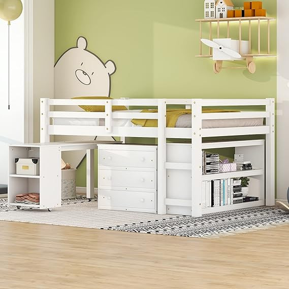 Low Full Loft Bed with Desk and Dresser Wood Kids Loft Beds Frame with Cabinet & Storage Shelves ... | Amazon (US)