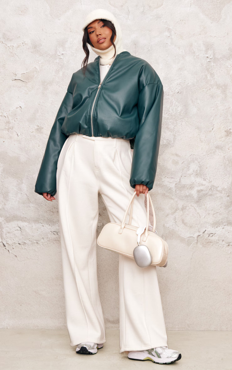 Green Faux Leather Oversized Bomber Jacket | PrettyLittleThing UK