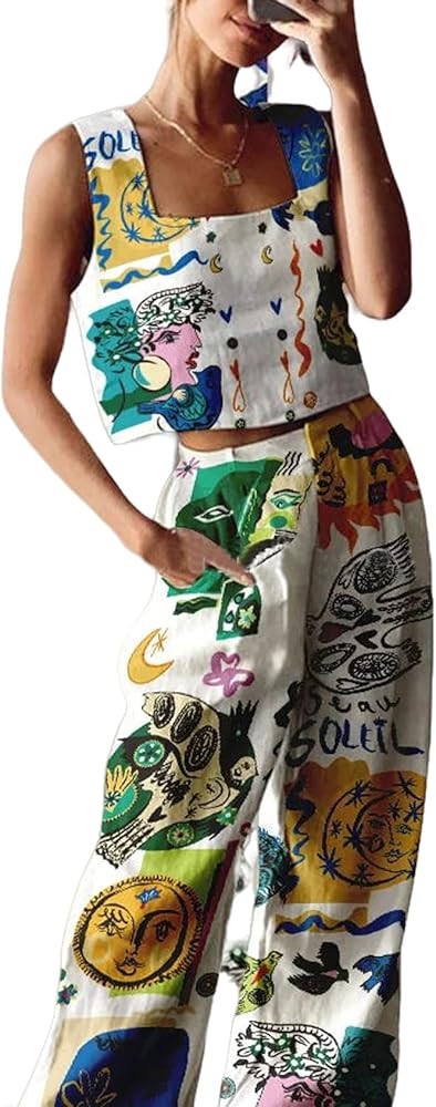 Perbai Womens 2 Piece Linen Outfits Sleeveless Tank Crop Top Wide Leg Pants Boho Summer Matching ... | Amazon (US)