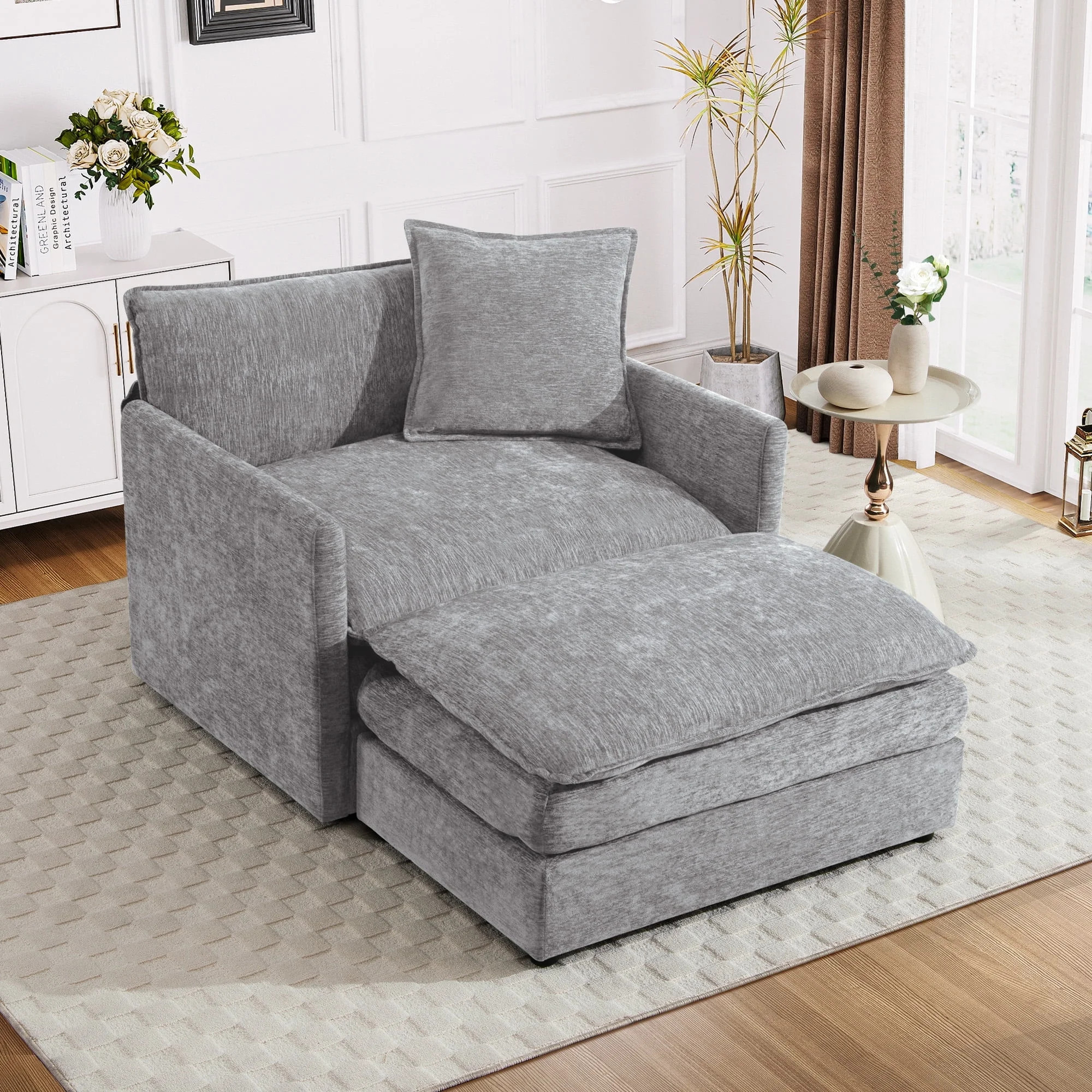 Muumblus Oversized Lounge Chair with Ottoman, Cloud Accent Armchair for Living Room, Gray Chenill... | Walmart (US)